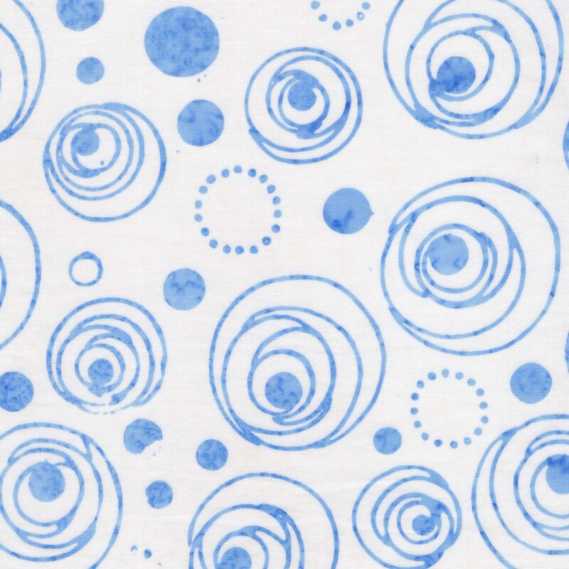 Cloud gray batik fabric with a mottled, sky blue overlay of dots and circles