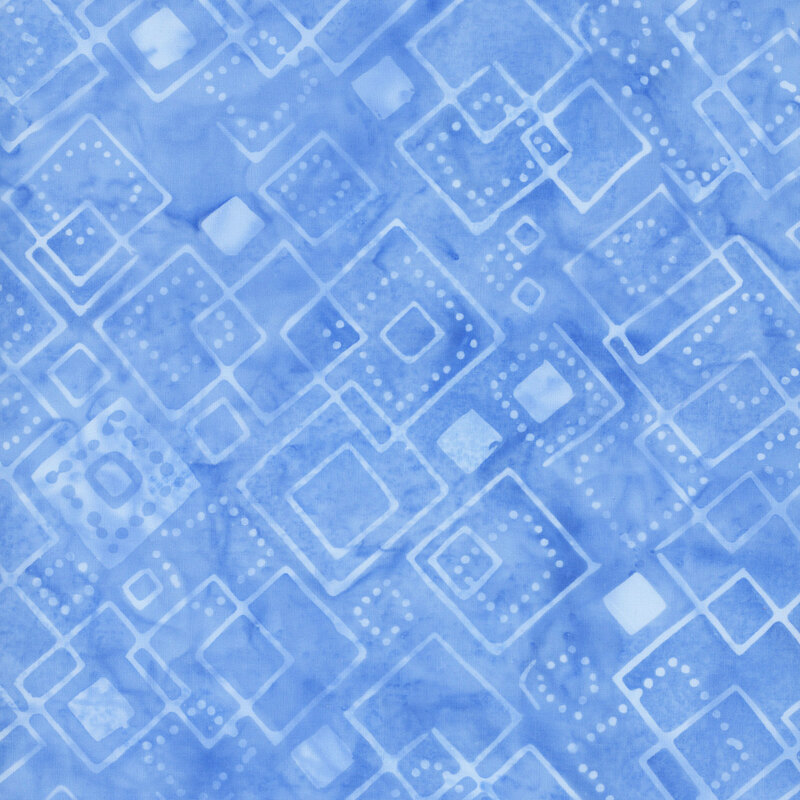 Mottled sky blue batik fabric with a tonal overlay of diagonal squares and dot shapes