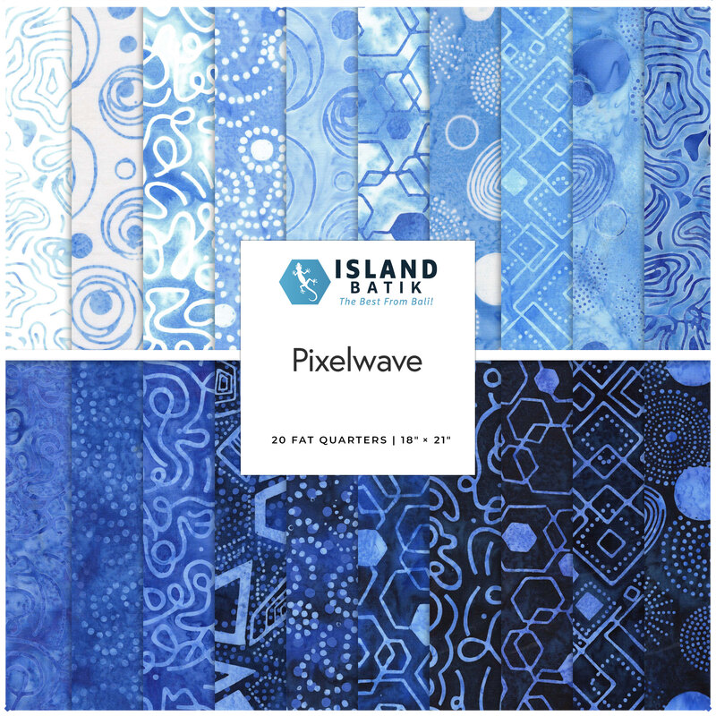 Collage of batik fabrics in the collection in vivid blue tones, with geometric and modern designs