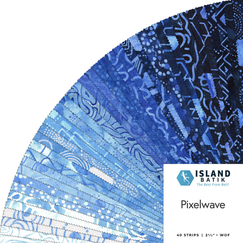 Fanned out collage of batik fabrics in the collection in vivid blue tones, with geometric and modern designs