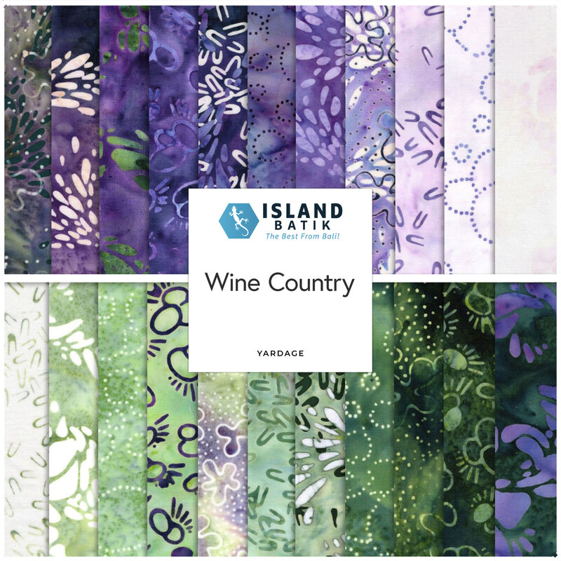 A square collage of the Wine Country fabrics in hues of green, white, and purple.