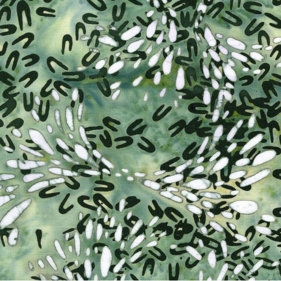 Mottled xanadu green and juniper fabric with scattered petal and hairpin shaped motifs in hues of white and phthalo green.