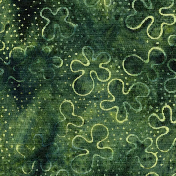 Mottled dark green fabric featuring organic shapes, dotted accents, and abstract floral forms.