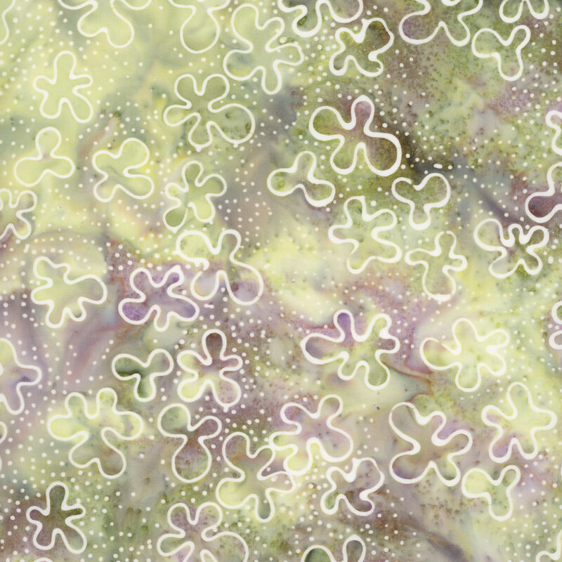Pale green and purple mottled fabric featuring organic shapes, dotted accents, and abstract floral forms.