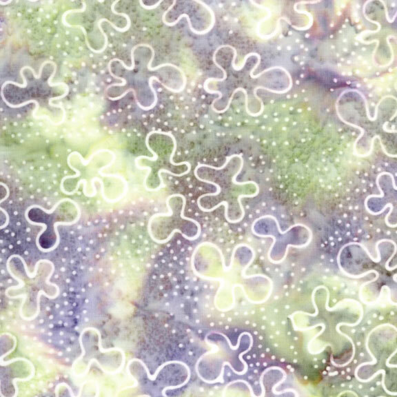 Pale green and purple mottled fabric featuring organic shapes, dotted accents, and abstract floral forms.