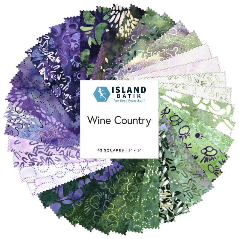 A circular collage of the Wine Country fabrics in hues of green, white, and purple.