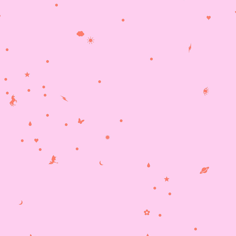 This soft pink fabric features scattered orange silhouettes of unicorns, butterflies, dragons, hearts, and celestial bodies. 