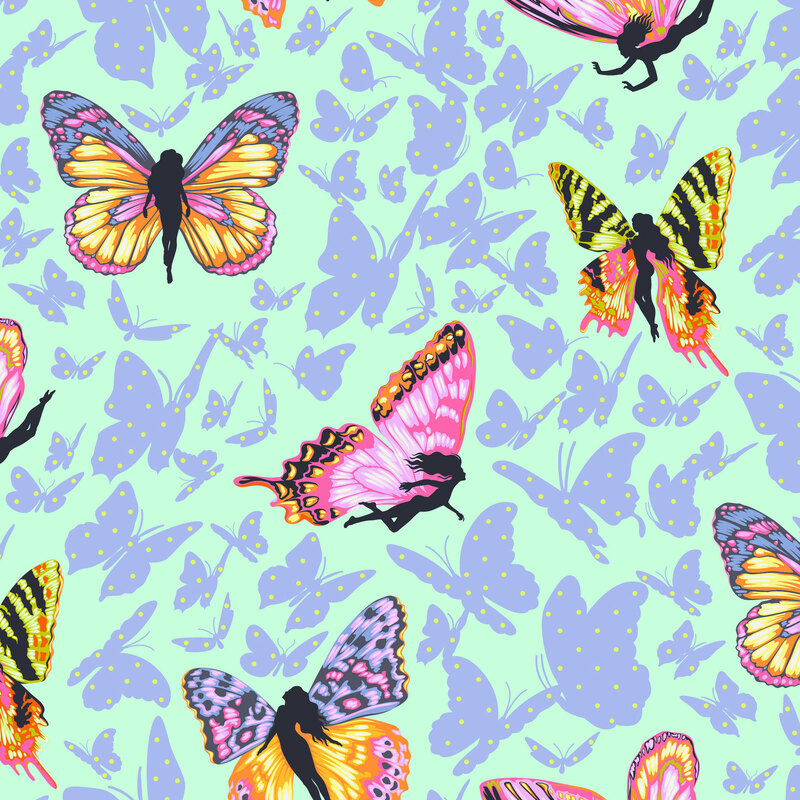 This mint aqua fabric features dark periwinkle butterfly silhouettes alongside graceful butterfly fairies.
