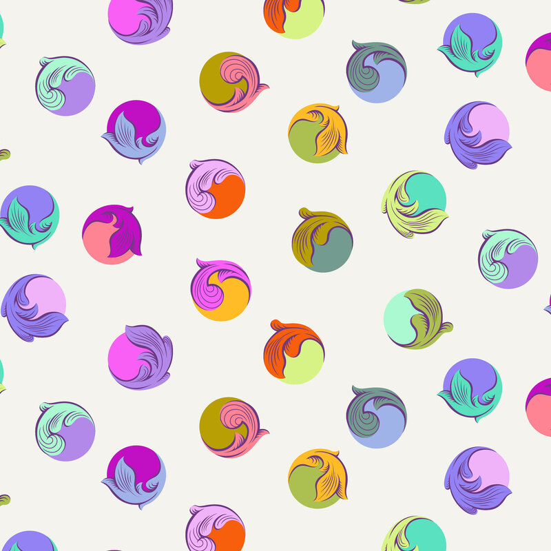 This white fabric features vibrant, multicolored orbs accented with graceful, stylized scrolls.