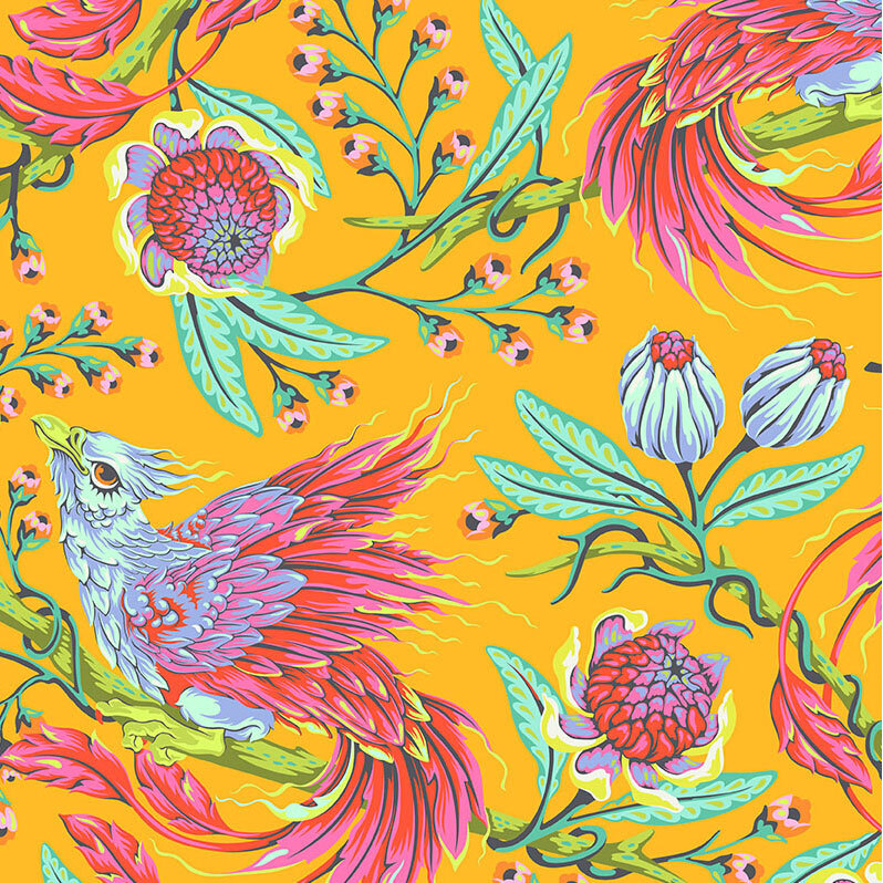 This tangerine orange fabric features striking phoenixes perched among fanciful branches, accented with teal, pink, and lavender flowers.