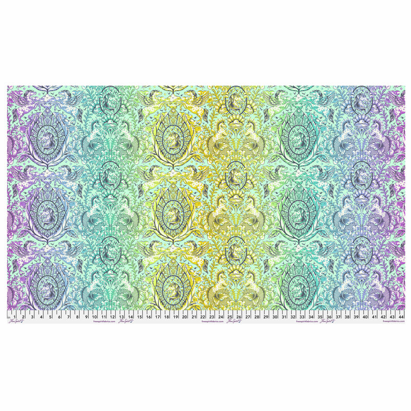 Image showing a full repeat on the fabric, with an ombre gradient that ranges from purple to aqua, blue, lime green, and yellow.