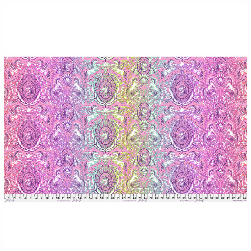 Image showing a full repeat on the fabric, with an ombre gradient that ranges from pink to purple, fuchsia, yellow, and a bit of green.