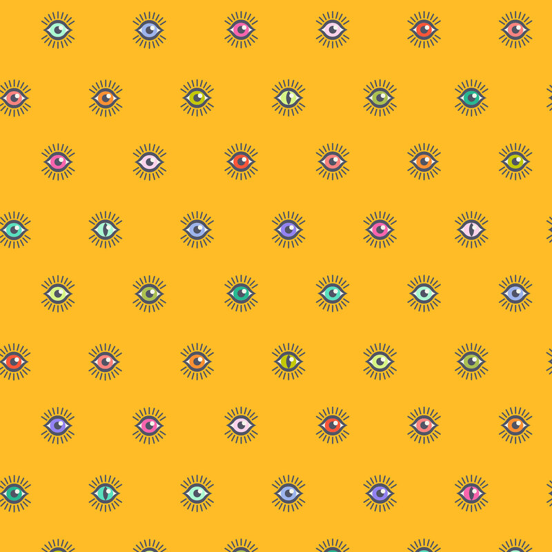 This tangerine orange fabric features a half drop pattern of open, multicolored eyes with long lashes.