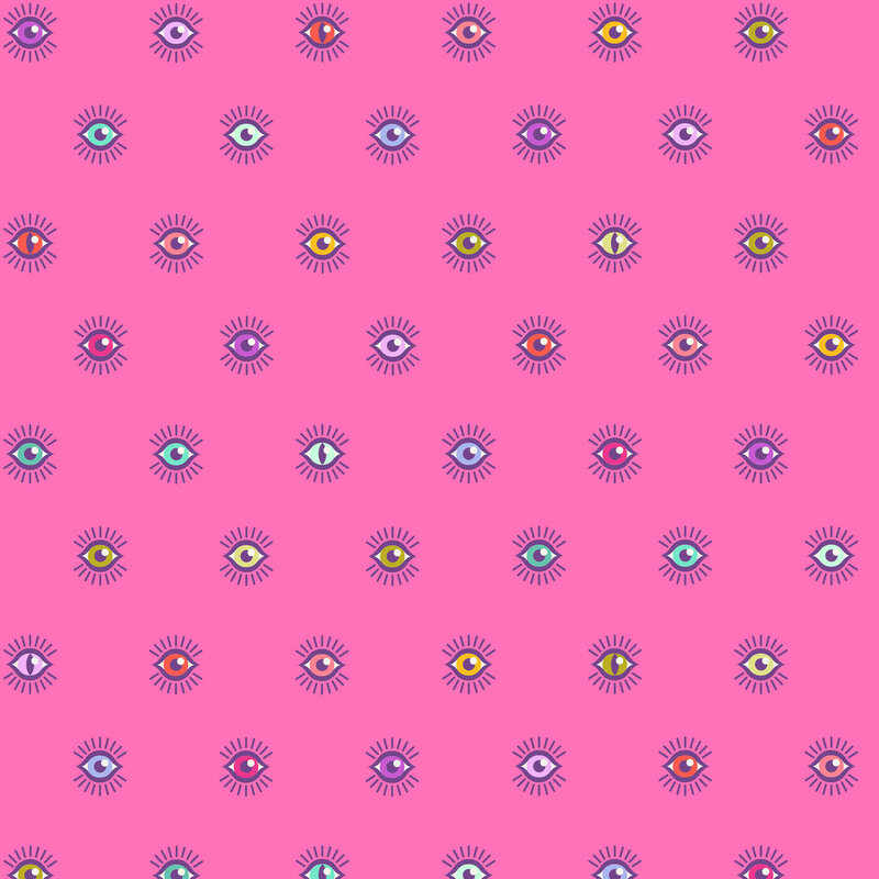 This hot pink fabric features a half drop pattern of open, multicolored eyes with long lashes, creating a bold and eye catching design.