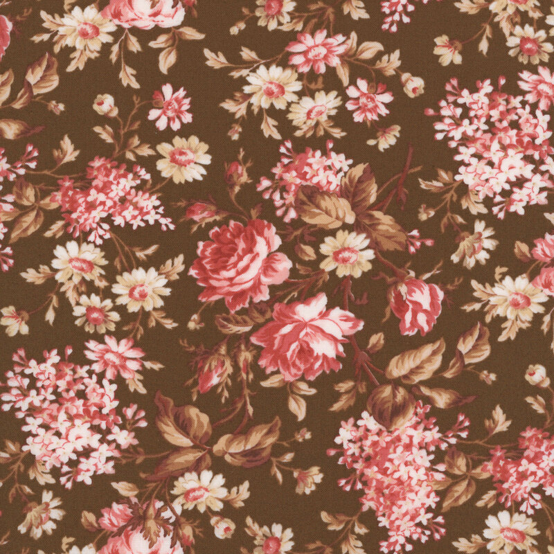 Chocolate brown fabric with a vintage pattern of pink roses, lilacs, and daisies 