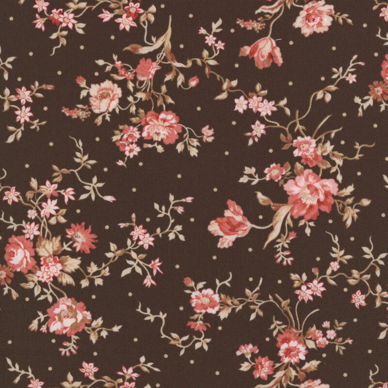 Chocolate brown fabric with a tossed pattern of pink floral bunches with interspersed cream colored dots