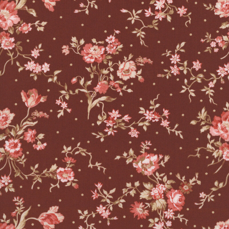 Garnet red fabric with a tossed pattern of pink floral bunches with interspersed cream colored dots