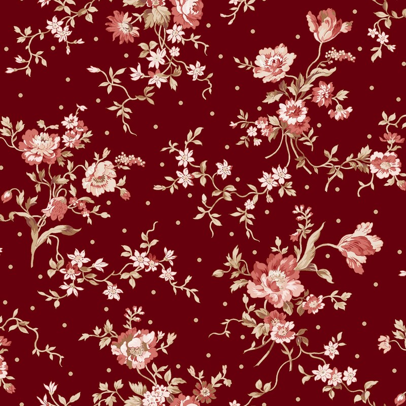 Garnet red fabric with a tossed pattern of pink floral bunches with interspersed cream colored dots