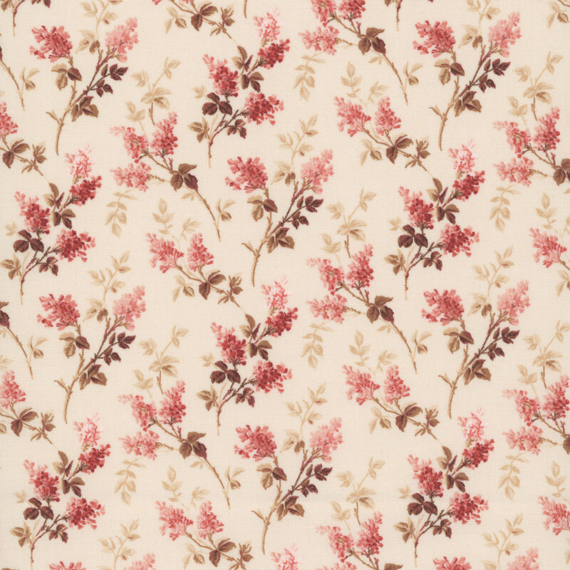 Light beige fabric with a tossed pattern of pink lilac bunches with brown and beige stems