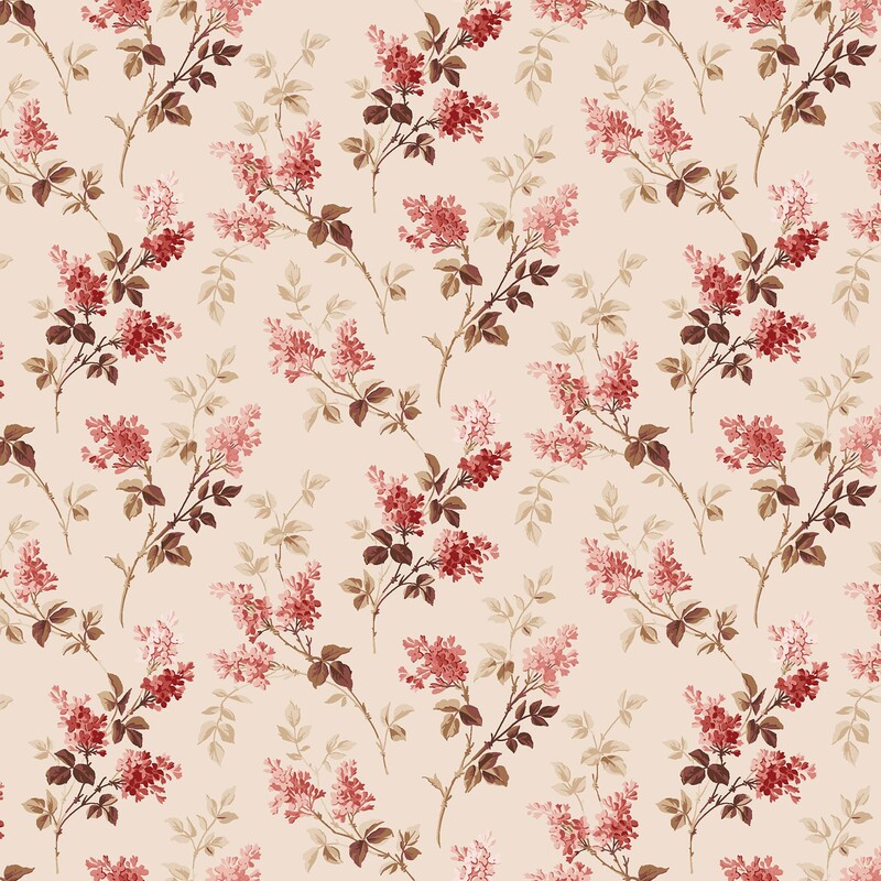 Light beige fabric with a tossed pattern of pink lilac bunches with brown and beigestems