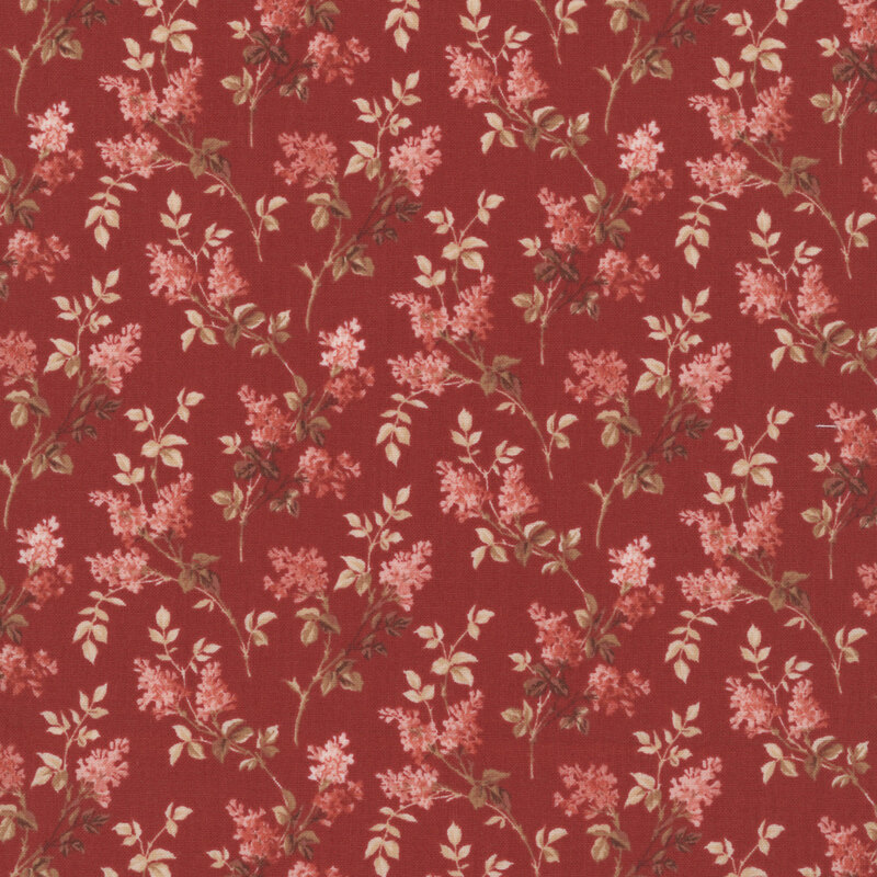 Lipstick red fabric with a tossed pattern of pink lilac bunches with brown and beige stems