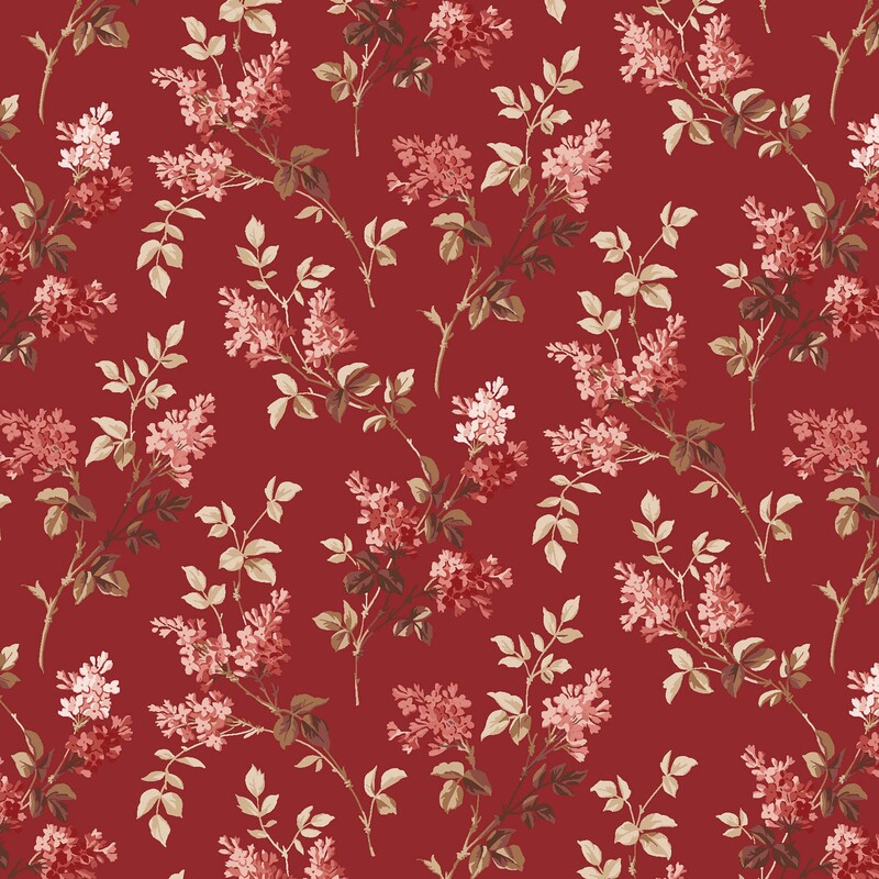 Lipstick red fabric with a tossed pattern of pink lilac bunches with brown and beigestems