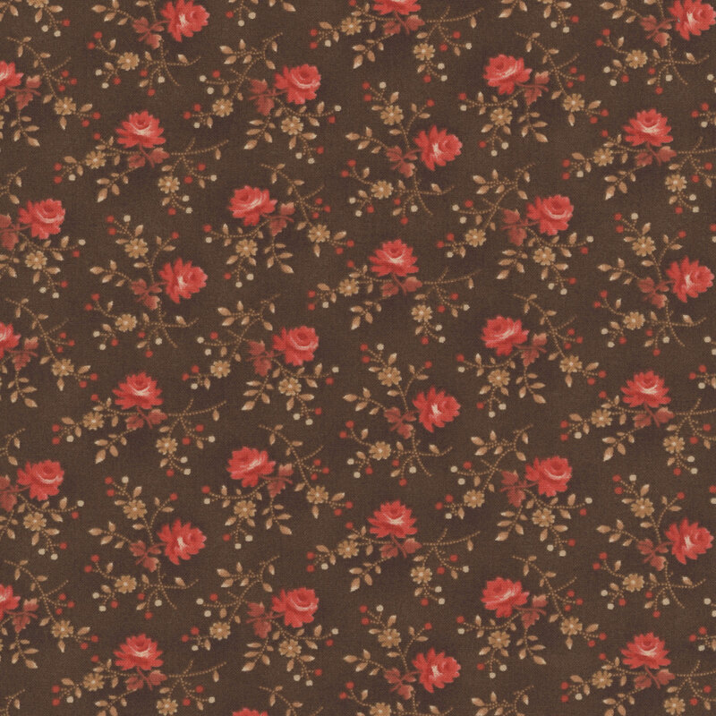 Mottled chocolate brown fabric with coral pink long-stemmed roses and small red rosebuds