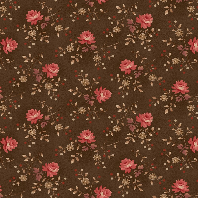 Mottled chocolate brown fabric with coral pink long-stemmed roses and small red rosebuds