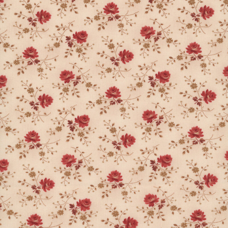 Mottled light beige fabric with coral pink long-stemmed roses and small red rosebuds