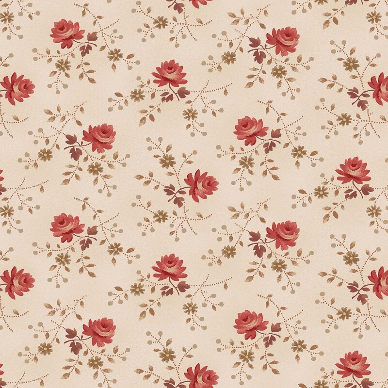 Mottled light beige fabric with coral pink long-stemmed roses and small red rosebuds