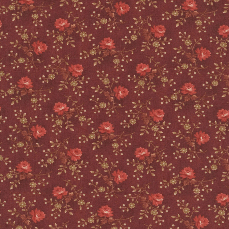 Mottled ruby red fabric with coral pink long-stemmed roses and small red rosebuds
