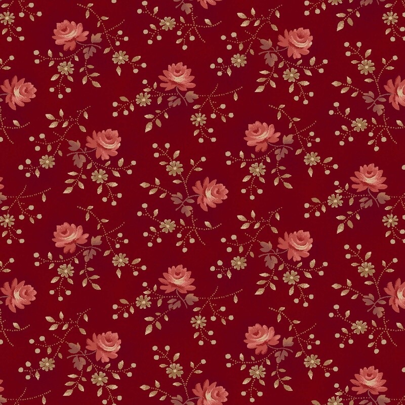 Mottled ruby red fabric with coral pink long-stemmed roses and small red rosebuds