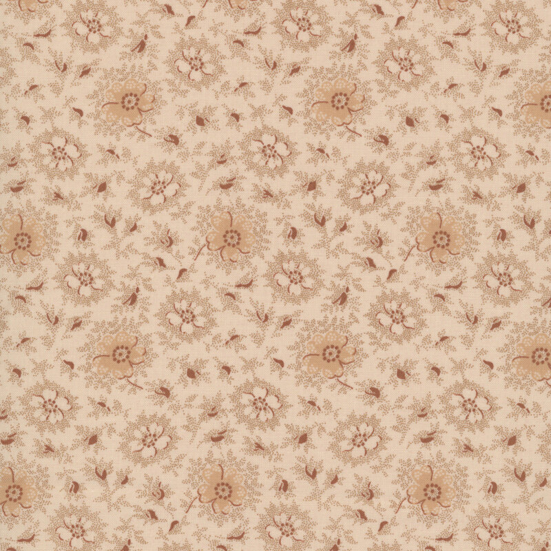Tan fabric with a primitive pattern of light and dark beige daisies with brown accents