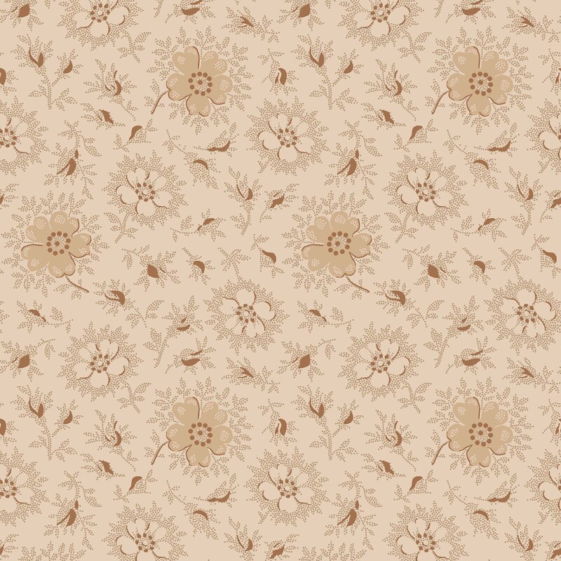 Tan fabric with a primitive pattern of light and dark beige daisies with brown accents