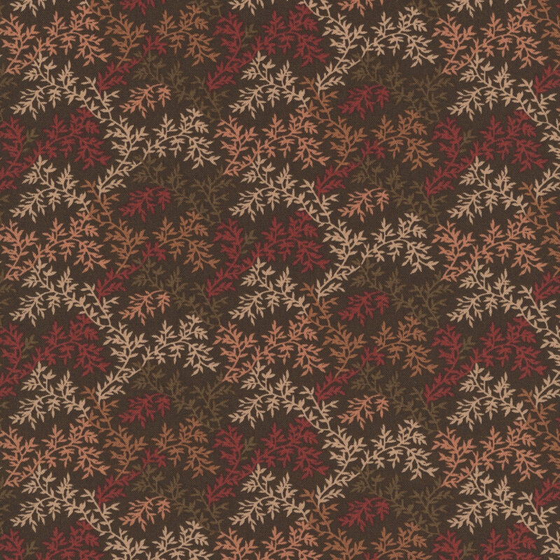 A primitive pattern of cream, tan, brown, and red vines on a chocolate brown fabric