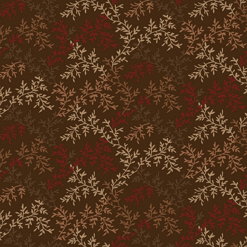 A primitive pattern of cream, tan, brown, and red vines on a chocolate brown fabric