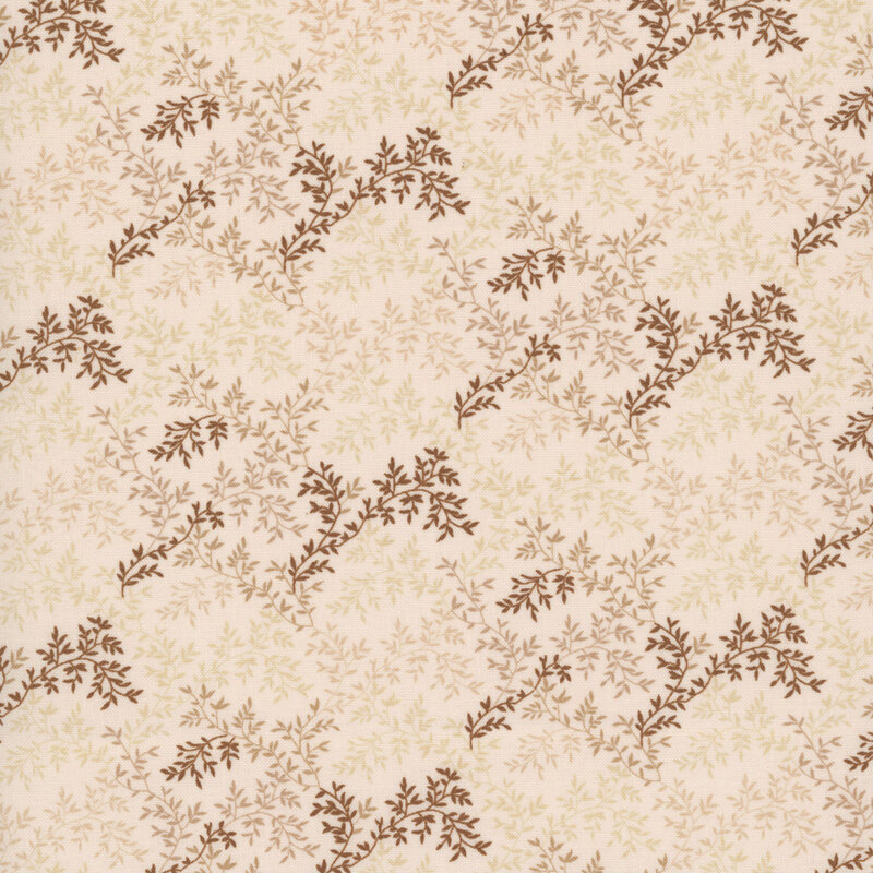 A primitive pattern of cream, tan, beige, and brown vines on a light beige fabric