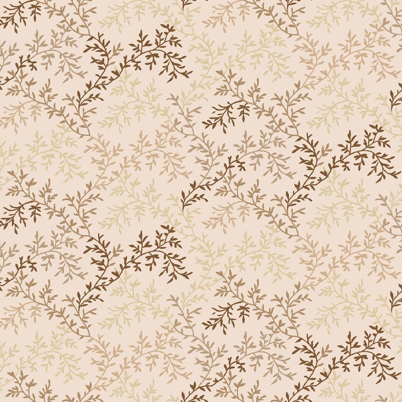 A primitive pattern of cream, tan, beige, and brown vines on a light beige fabric