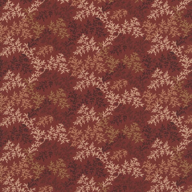 A primitive pattern of beige, tan, and dark brown, vines on a ruby red fabric