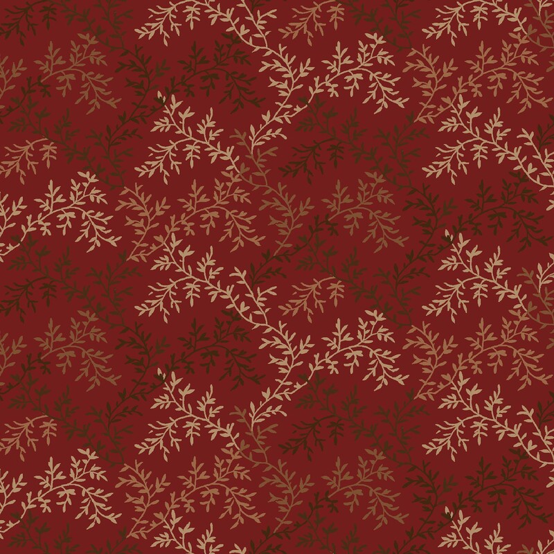 A primitive pattern of beige, tan, and dark brown, vines on a ruby red fabric