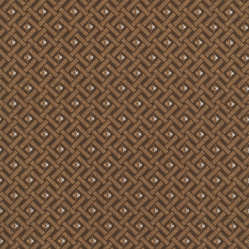 Walnut brown fabric with a light brown basketweave pattern with flowers in the center