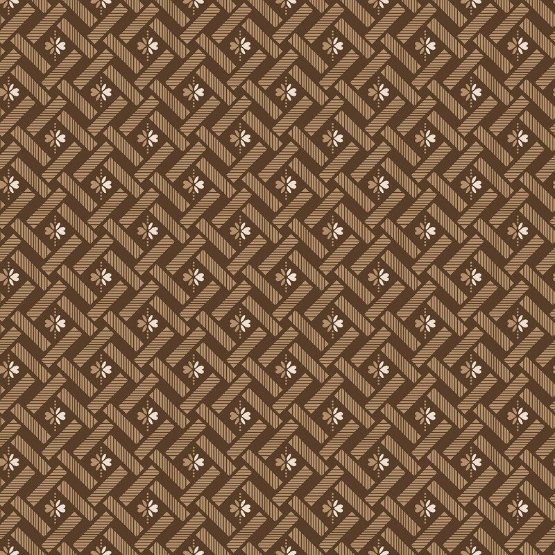 Walnut brown fabric with a light brown basketweave pattern with flowers in the center