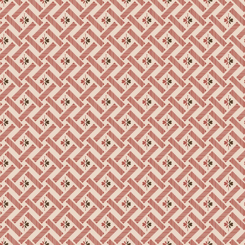 Cream beige fabric with a red basketweave pattern with red and black flowers in the center