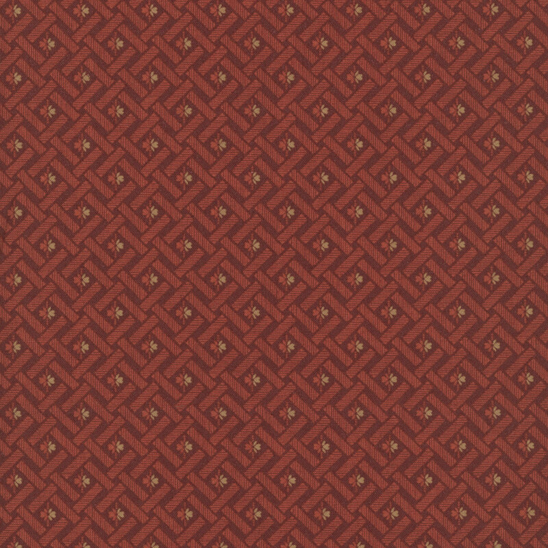 Deep red fabric with a scarlet basketweave pattern with red and beige flowers in the center