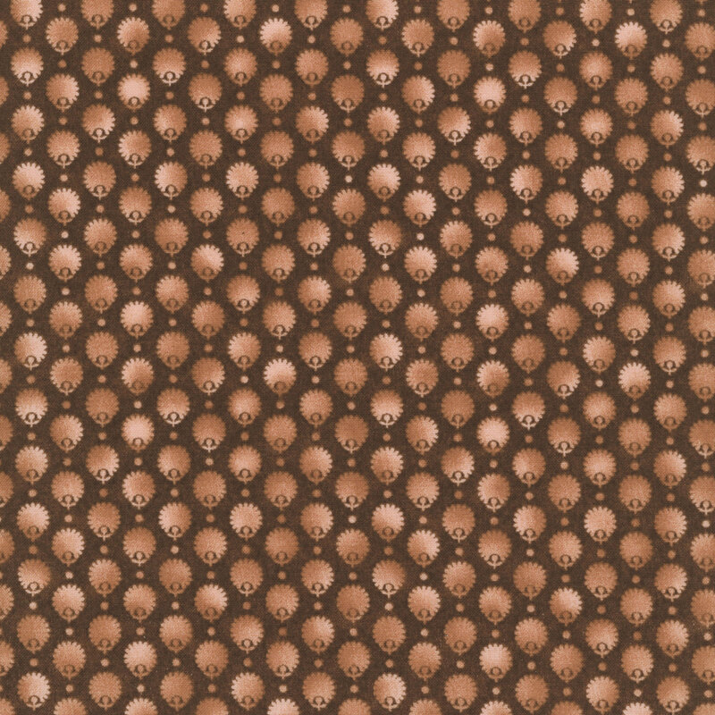 Walnut brown fabric with an evenly spaced pattern of mottled, textured beige floral motifs
