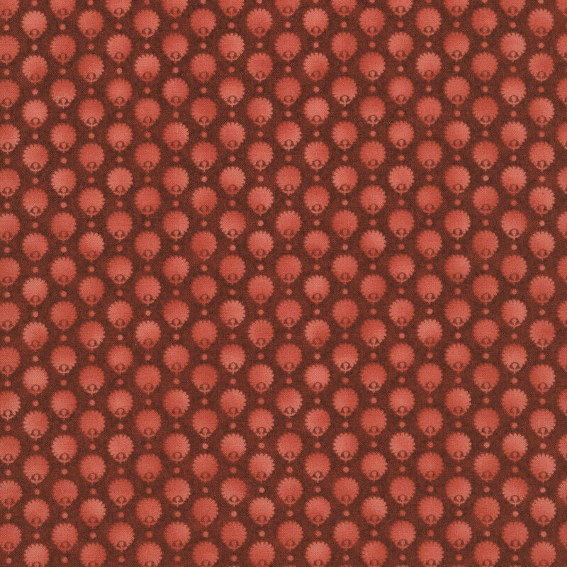 Garnet red fabric with an evenly spaced pattern of mottled, textured rose red floral motifs
