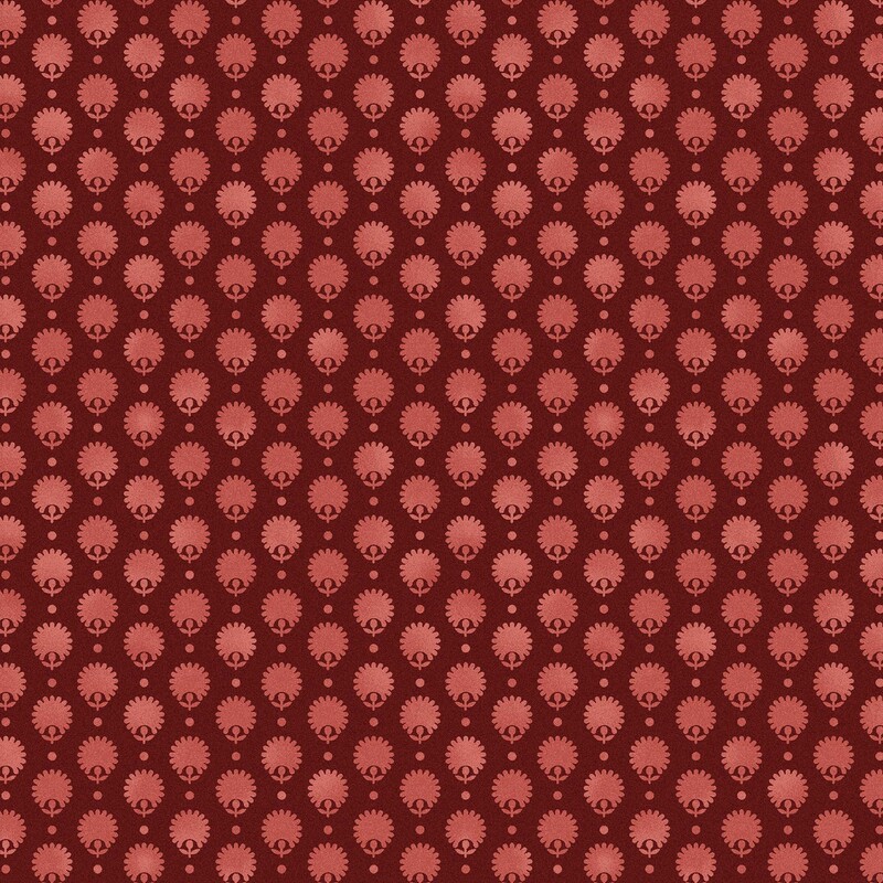 Garnet red fabric with an evenly spaced pattern of mottled, textured rose red floral motifs