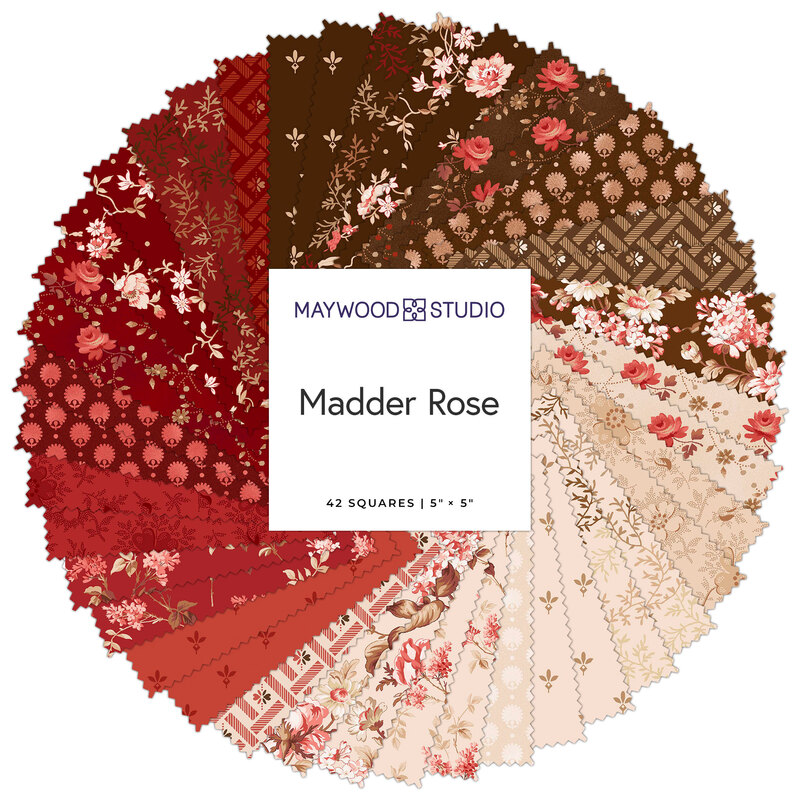 Circular collage of fabrics in the collection in shades of brown, beige, and red, featuring vintage florals and primitive 19th century reproduction designs.