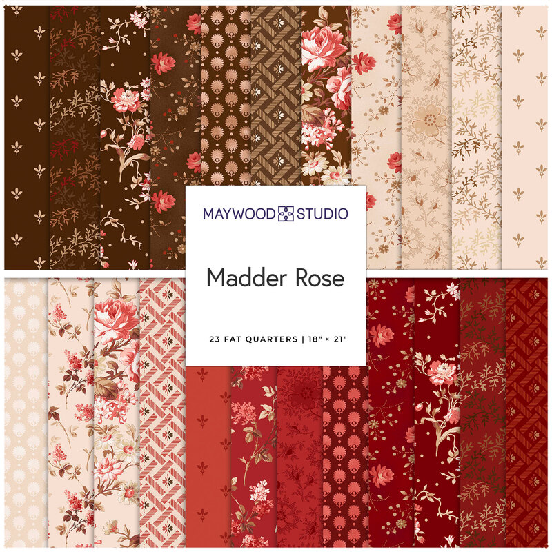 Collage of fabrics in the collection in shades of brown, beige, and red, featuring vintage florals and primitive 19th century reproduction designs.