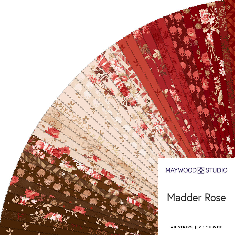 Fanned out collage of fabrics in the collection in shades of brown, beige, and red, featuring vintage florals and primitive 19th century reproduction designs.
